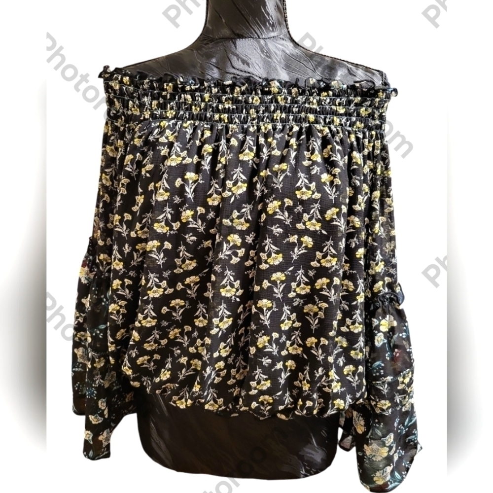 Free People Rose Valley Blouse Small Black With Flowers Bell Sleeves